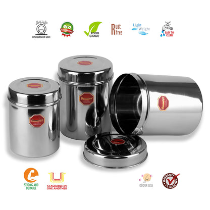 Sumeet Stainless Steel Vertical Canisters/Ubha Dabba/Storage Containers Set of 3Pcs (No. 10 To No. 12) (900ml, 1.250 Ltr, 1.6 Ltr)