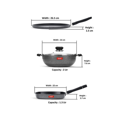 Sumeet NonStick Cawl Cookware Set (Dosa Tawa - 26.5Cm Dia + Kadhai with Glass Lid -2Ltr - 22Cm Dia + Grill Pan-22cm Dia)