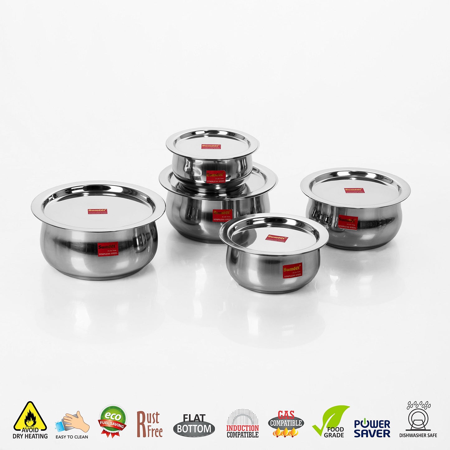 Sumeet 5 Pcs Stainless Steel Induction & Gas Stove Friendly Belly Shape Container Set/Tope / Cookware Set with Lids Size No.10 to No.14