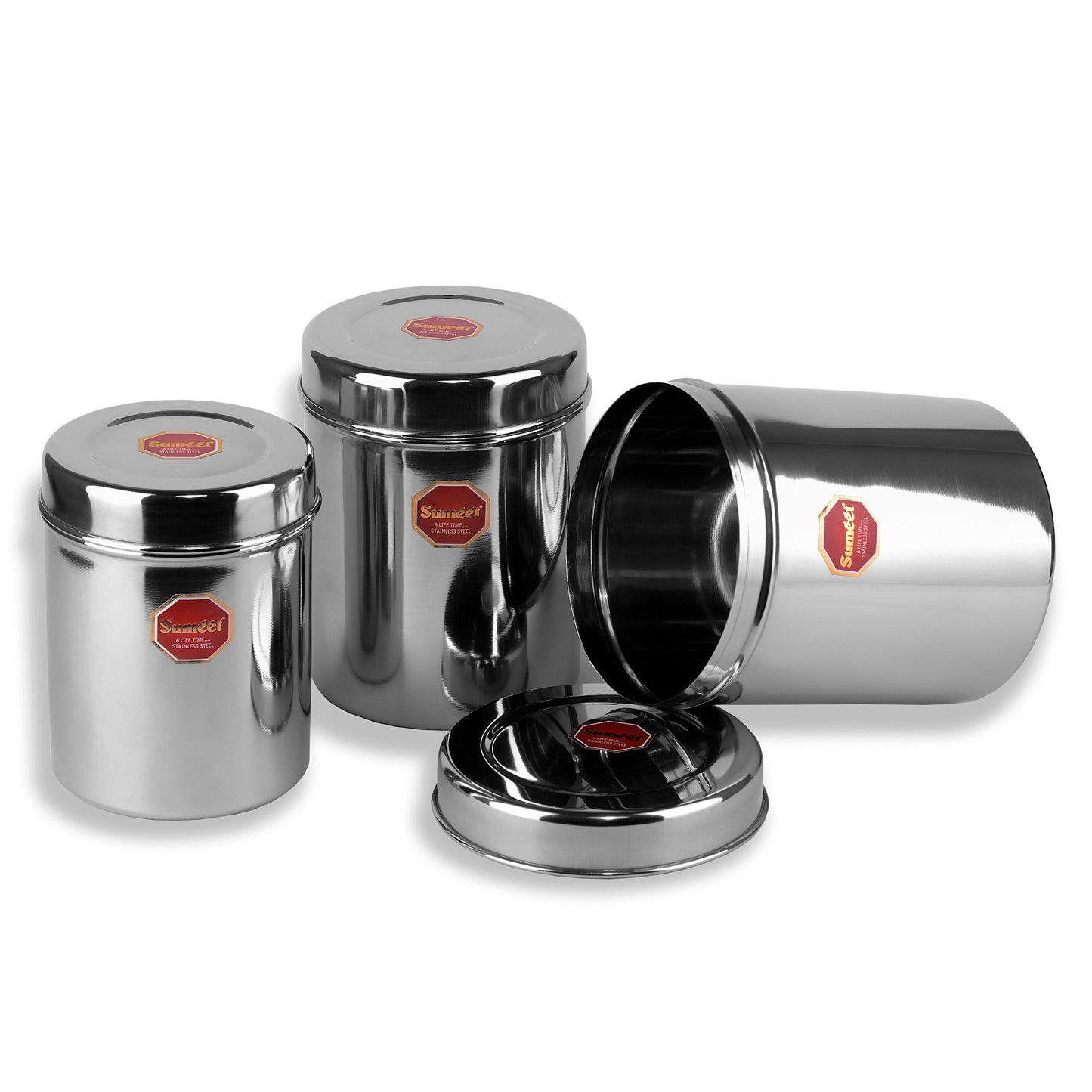 Sumeet Stainless Steel Vertical Canisters/Ubha Dabba/Storage Containers Set of 3Pcs (No. 10 To No. 12) (900ml, 1.250 Ltr, 1.6 Ltr)