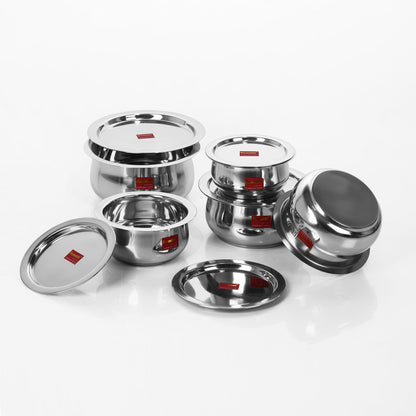 Sumeet 5 Pcs Stainless Steel Induction & Gas Stove Friendly Belly Shape Container Set/Tope / Cookware Set with Lids Size No.10 to No.14