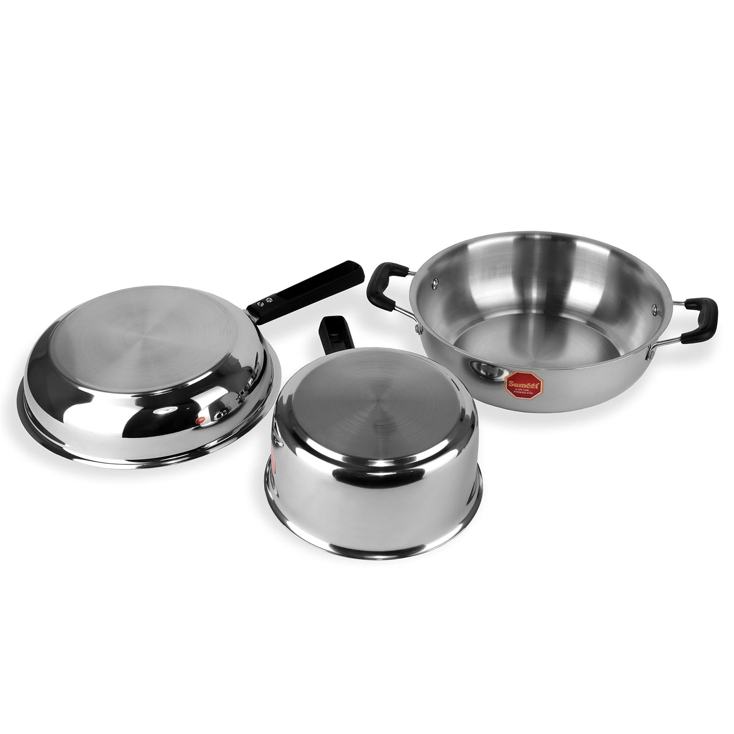 Sumeet Stainless Steel Induction & Gas Stove Friendly Light Weight 3 Pcs SKF Cookware Set (Sauce Pan +Kadhai + Fry Pan)