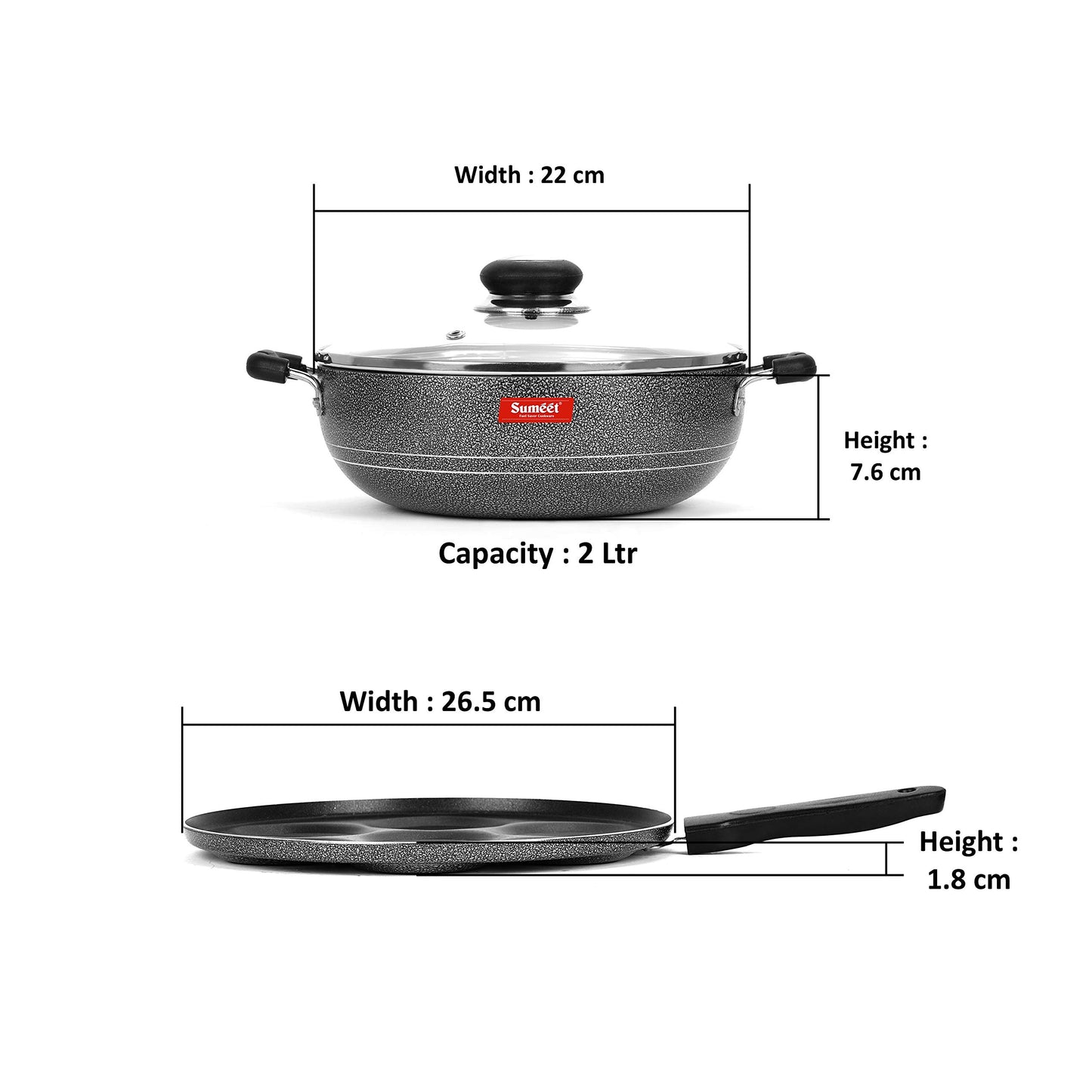 Sumeet NonStick Sudrabs Cookware Set (Kadhai with Glass Lid -2Ltr - 22Cm Dia + Multi Snack Maker - 7 Cavity - 26.5Cm Dia)