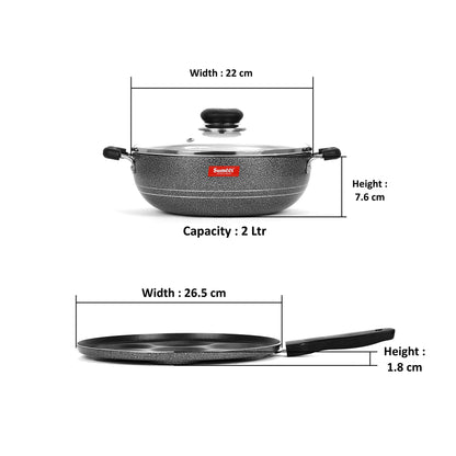 Sumeet NonStick Sudrabs Cookware Set (Kadhai with Glass Lid -2Ltr - 22Cm Dia + Multi Snack Maker - 7 Cavity - 26.5Cm Dia)