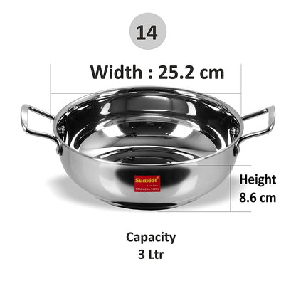 Sumeet Stainless Steel Induction Bottom (Encapsulated Bottom) Induction & Gas Stove Friendly Kadhai Size No.14 (3 LTR)