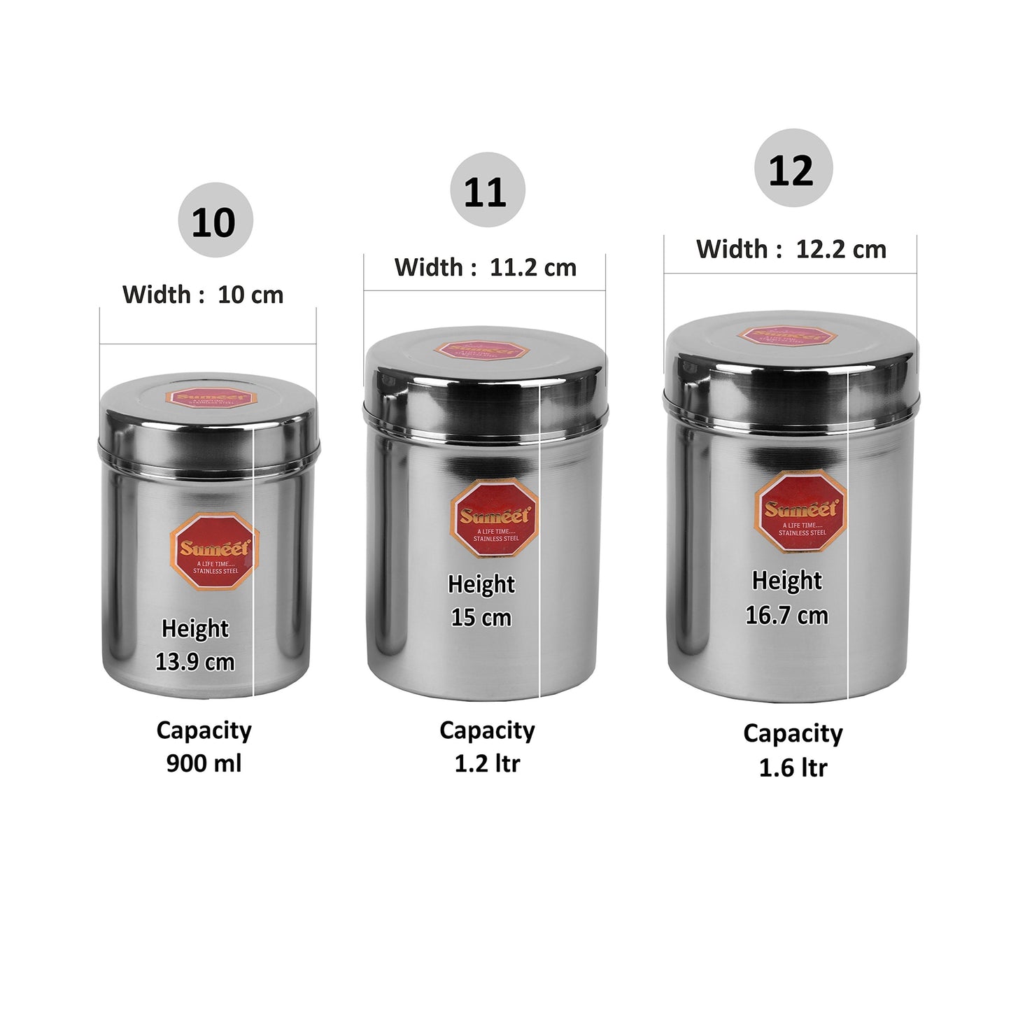 Sumeet Stainless Steel Vertical Canisters/Ubha Dabba/Storage Containers Set of 3Pcs (No. 10 To No. 12) (900ml, 1.250 Ltr, 1.6 Ltr)