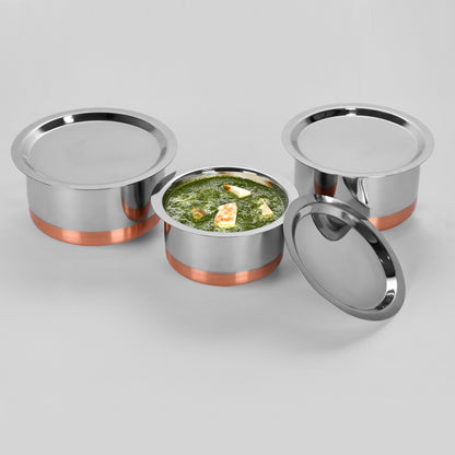 Sumeet Stainless Steel Copper Bottom Cookware/ Container / Tope Set Of 3 Pcs With Lids