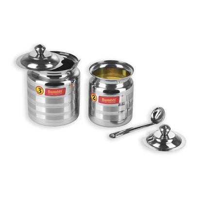 Sumeet Stainless Steel Oil and Ghee Pot Set - No. 2 350ML - 6.5cm Dia - No.3-500ML - 7.5cm Dia