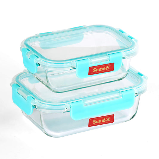 Sumeet Easy Store Borosilicate Glass Microwave Safe, Airtight & Leak Proof Rectangle Food Container Set of 2Pcs (400ML, 600ML)