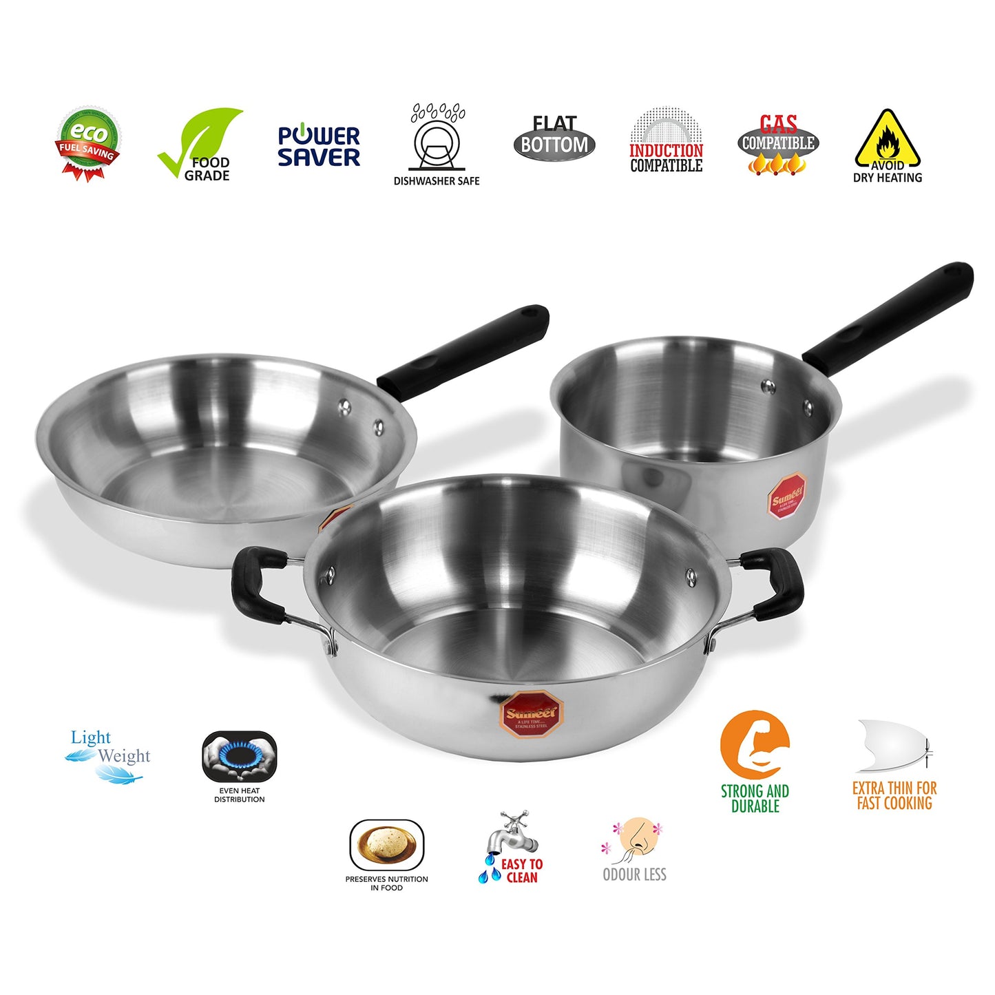 Sumeet Stainless Steel Induction & Gas Stove Friendly Light Weight 3 Pcs SKF Cookware Set (Sauce Pan +Kadhai + Fry Pan)