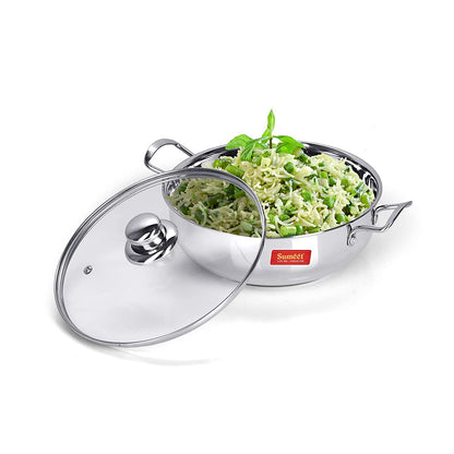 Sumeet Stainless Steel Induction Bottom Induction & Gas Stove Friendly Kadhai with Glass Lid