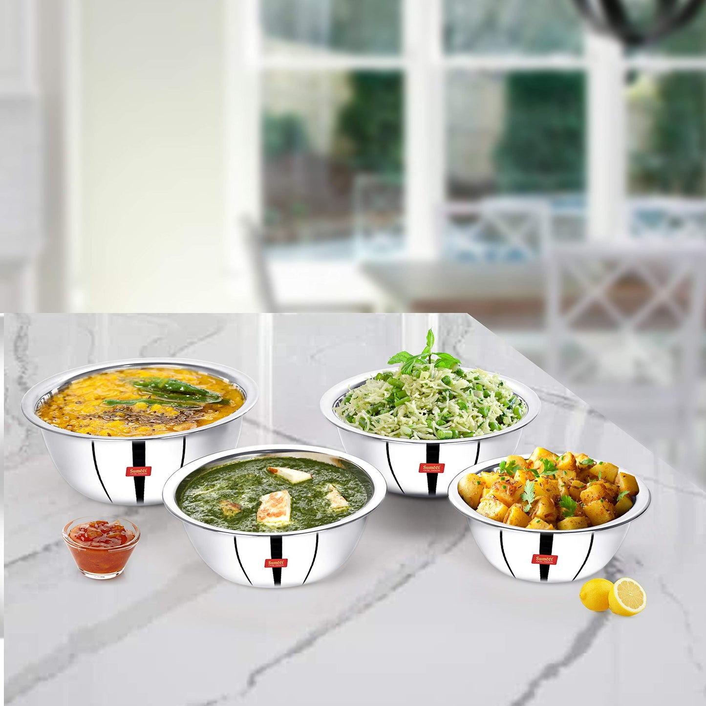 Sumeet Stainless Steel Mirror Finish Store and Serve Mixing Bowl 4Pc Set (850Ml, 1.2Ltr, 1.5Ltr, 2Ltr)