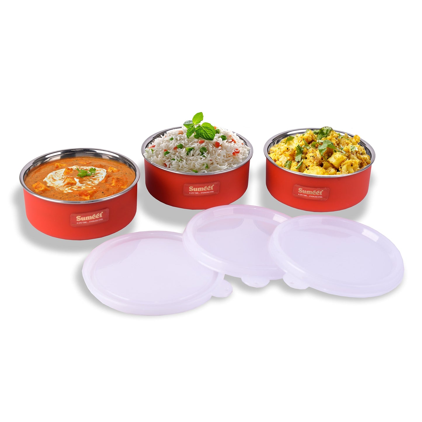 Sumeet Microwave Safe Stainless Steel + Plastic Coated Containers Set of 3 (300ml Each)