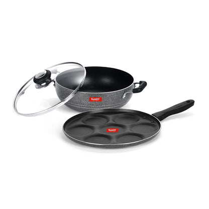 Sumeet NonStick Sudrabs Cookware Set (Kadhai with Glass Lid -2Ltr - 22Cm Dia + Multi Snack Maker - 7 Cavity - 26.5Cm Dia)