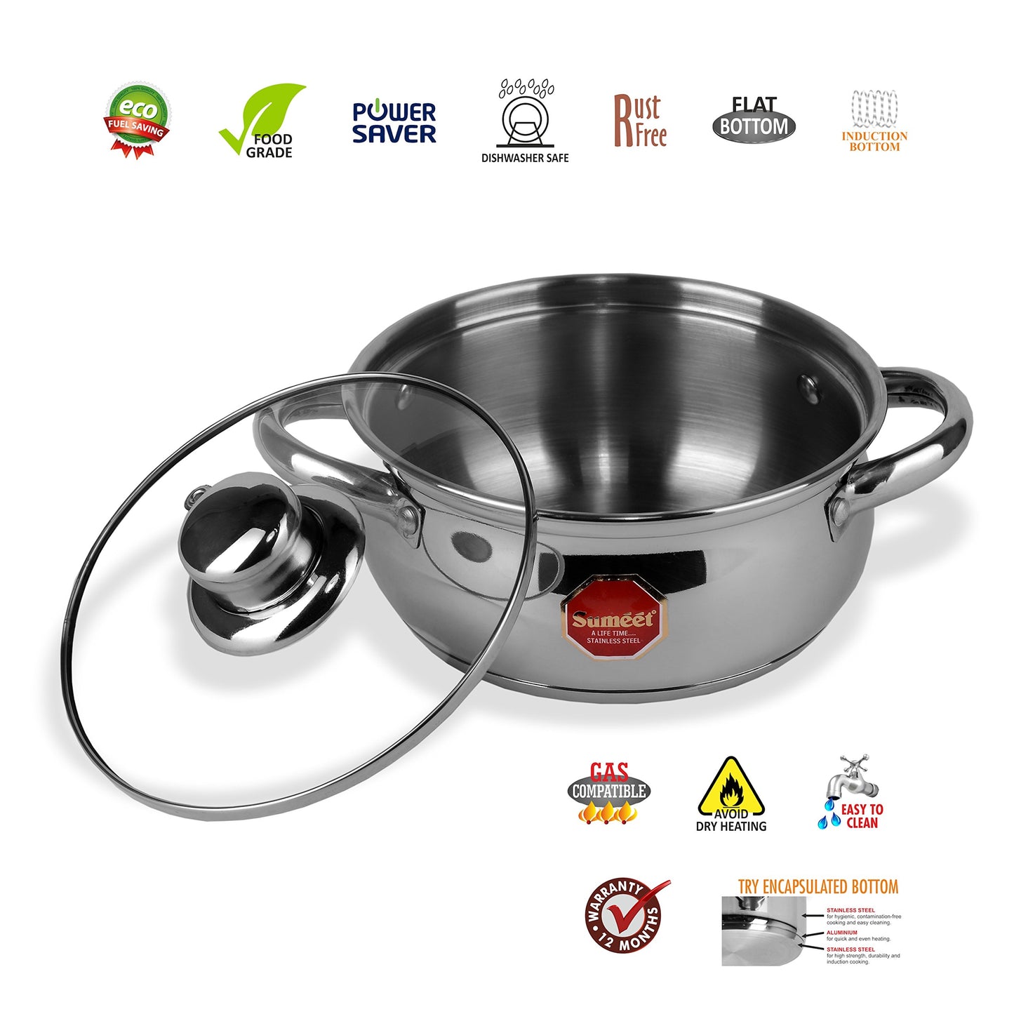 Sumeet Stainless Steel Gas And Induction Stove Compatible Casserole With Glass Lid (Small)