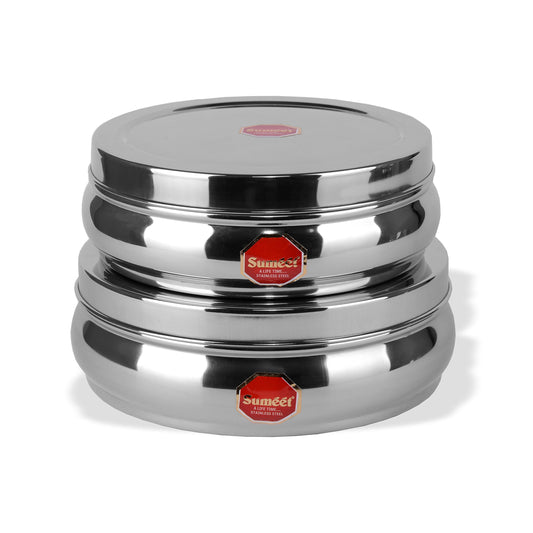 Sumeet Stainless Steel Belly Shape Flat Canisters, 17.1cm and 18.4cm Dia, 1.1L and 1.5L (Steel)