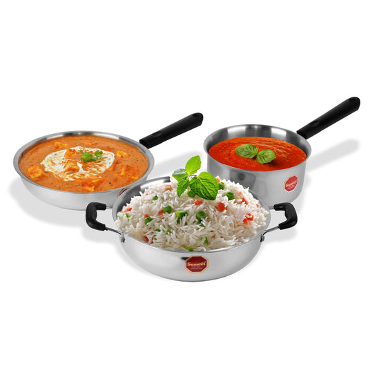 Sumeet Stainless Steel Induction & Gas Stove Friendly Light Weight 3 Pcs SKF Cookware Set (Sauce Pan +Kadhai + Fry Pan)