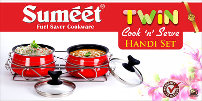 Sumeet Nonstick Twin Cook and Serve Handi Set with Stainless Steel Stand