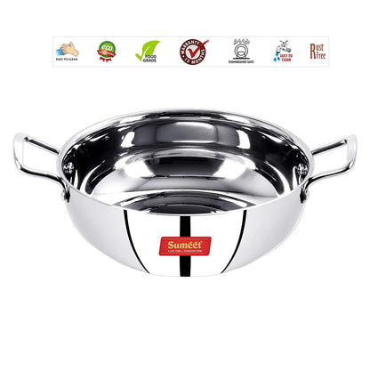 Sumeet Stainless Steel Induction Bottom (Encapsulated Bottom) Induction & Gas Stove Friendly Kadhai Size No.14 (3 LTR)