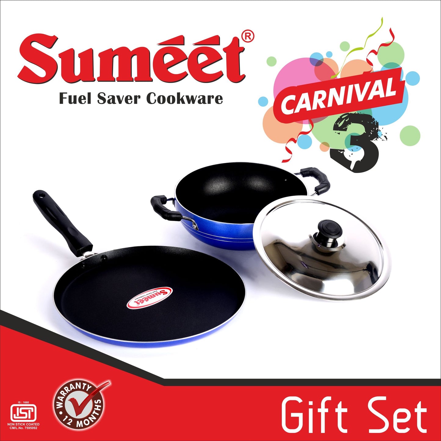 Sumeet Nonstick Carnival-3 (Tawa, Kadhai with Lid) Gift Set (Blue)