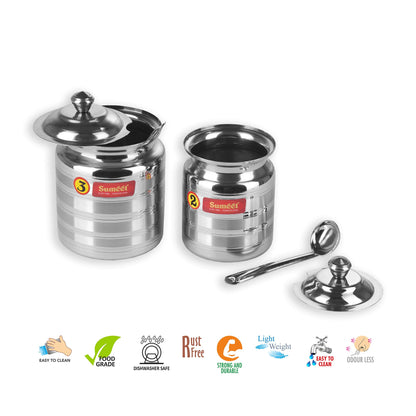 Sumeet Stainless Steel Oil and Ghee Pot Set - No. 2 350ML - 6.5cm Dia - No.3-500ML - 7.5cm Dia