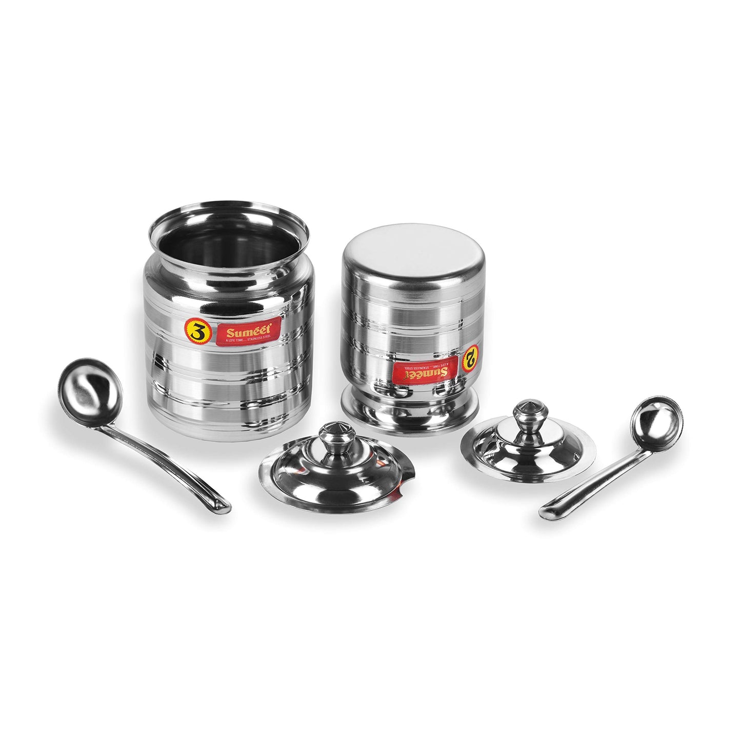 Sumeet Stainless Steel Oil and Ghee Pot Set - No. 2 350ML - 6.5cm Dia - No.3-500ML - 7.5cm Dia