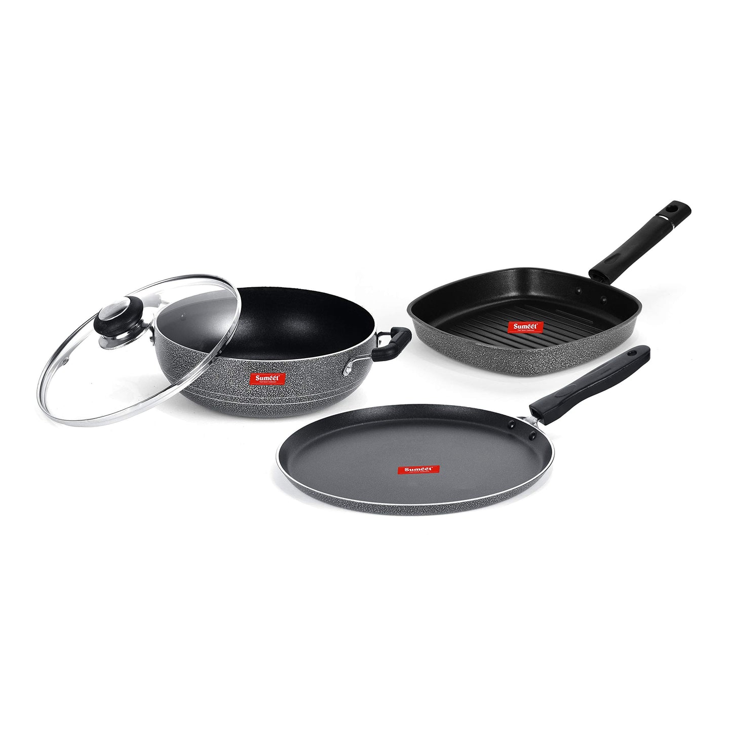 Sumeet NonStick Cawl Cookware Set (Dosa Tawa - 26.5Cm Dia + Kadhai with Glass Lid -2Ltr - 22Cm Dia + Grill Pan-22cm Dia)