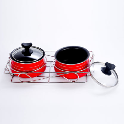 Sumeet Nonstick Twin Cook and Serve Handi Set with Stainless Steel Stand