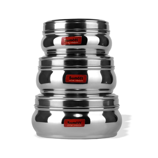 Sumeet Stainless Steel Belly Shape Flat Canisters/Puri Dabba/Storage Containers with See Through Lid, 450ml, 650ml, 950ml(No. 7 To No. 9) - Set of 3