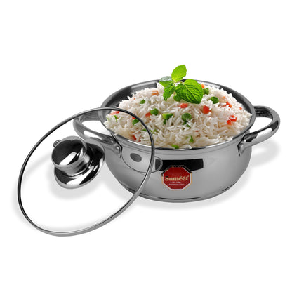 Sumeet Stainless Steel Gas And Induction Stove Compatible Casserole With Glass Lid (Small)