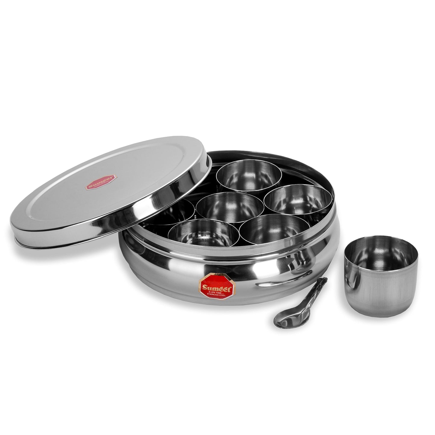 Sumeet Stainless Steel Belly Shape Masala (Spice) Box/Dabba/ Organiser with 7 Containers and Small Spoon Size No. 10 (17.1cm Dia) (1.1 LTR Capacity)