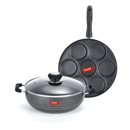 Sumeet NonStick Sudrabs Cookware Set (Kadhai with Glass Lid -2Ltr - 22Cm Dia + Multi Snack Maker - 7 Cavity - 26.5Cm Dia)