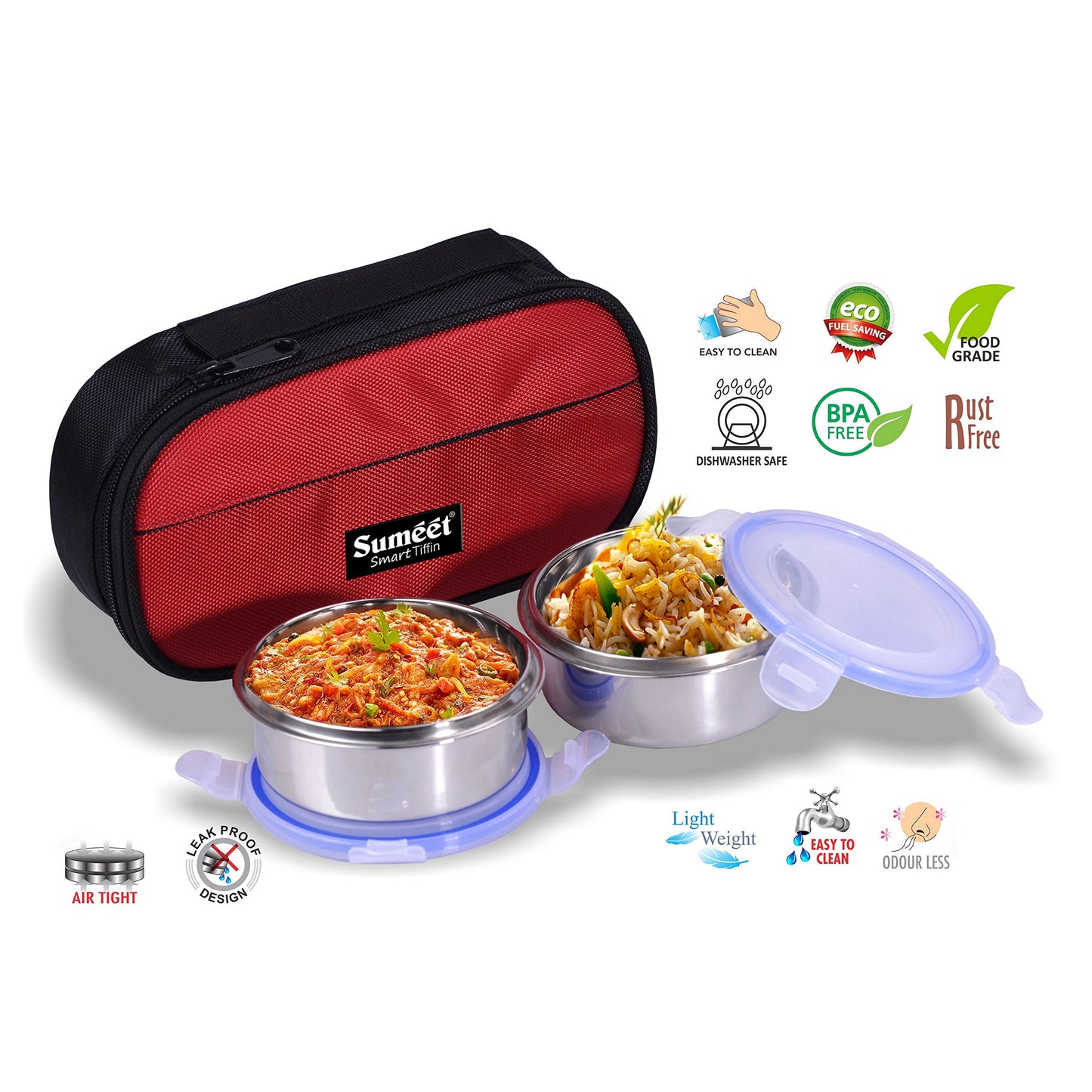 Sumeet Smart Tiffin With 2 Airtight & Leak Proof Stainless Steel L&L Containers + Insulated Pouch