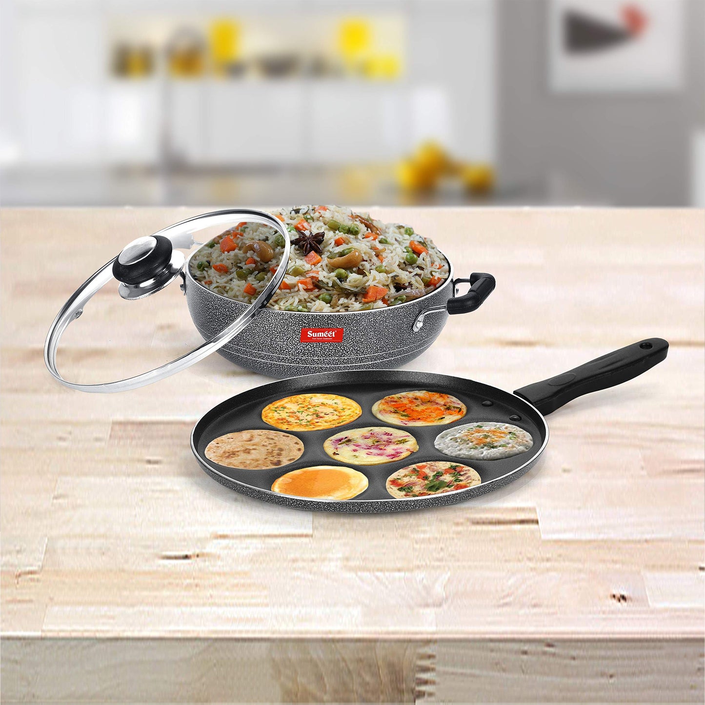 Sumeet NonStick Sudrabs Cookware Set (Kadhai with Glass Lid -2Ltr - 22Cm Dia + Multi Snack Maker - 7 Cavity - 26.5Cm Dia)