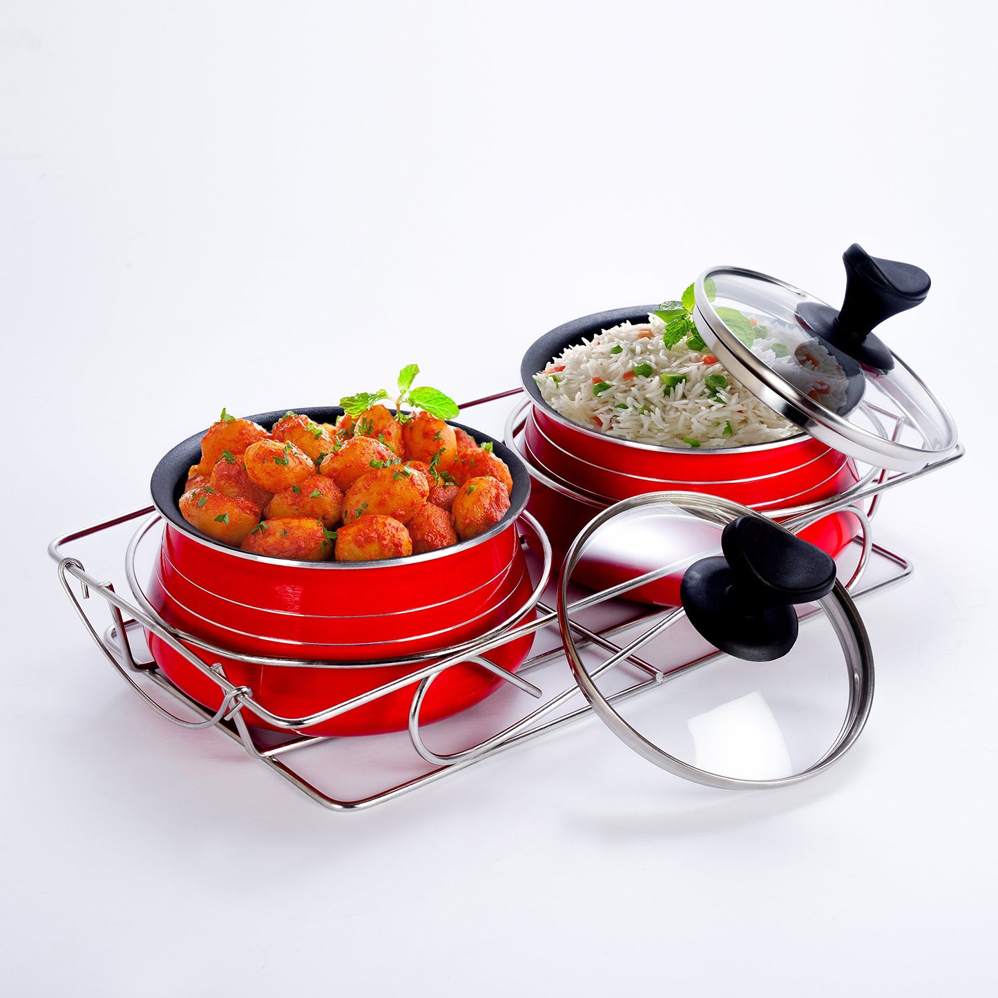 Sumeet Nonstick Twin Cook and Serve Handi Set with Stainless Steel Stand