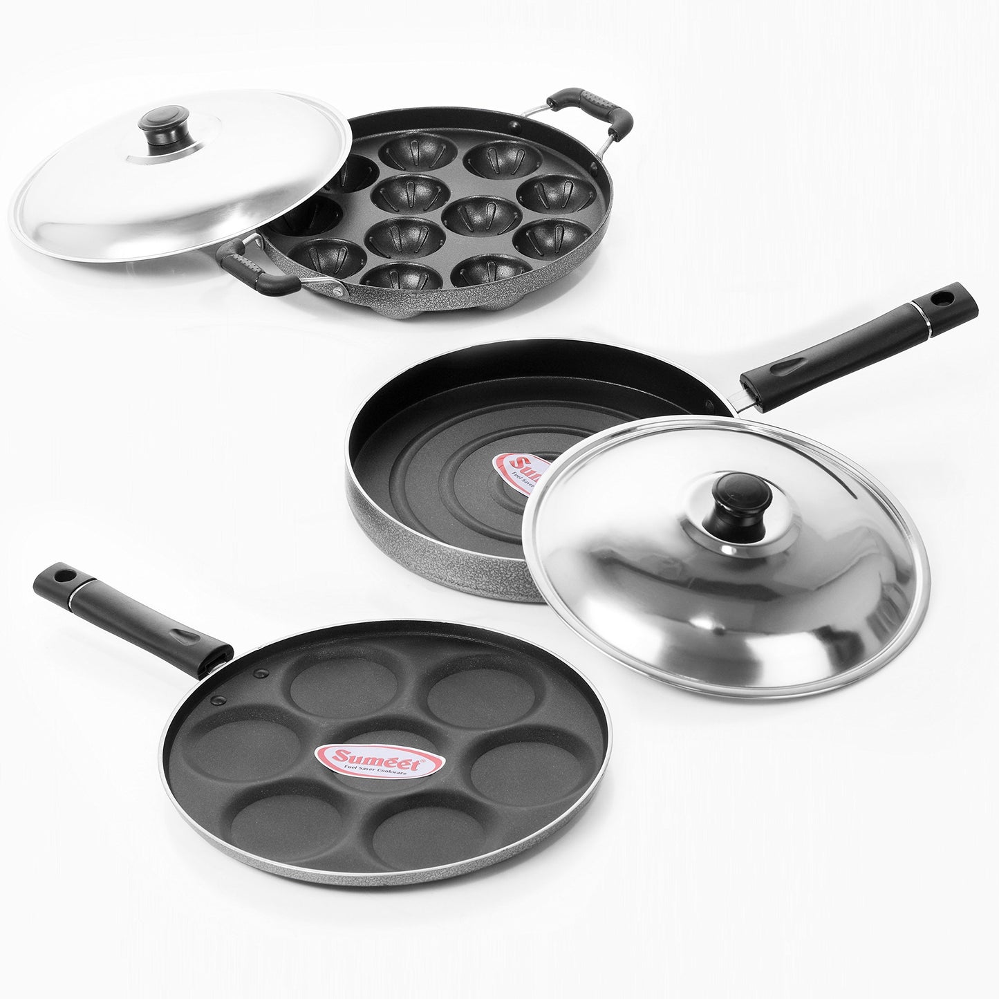 Sumeet Nonstick Three Star Combo Set (Multi Snack Maker - 7 Pcs+ Pizza Pan + Grill Appam Patra 12 Pcs)