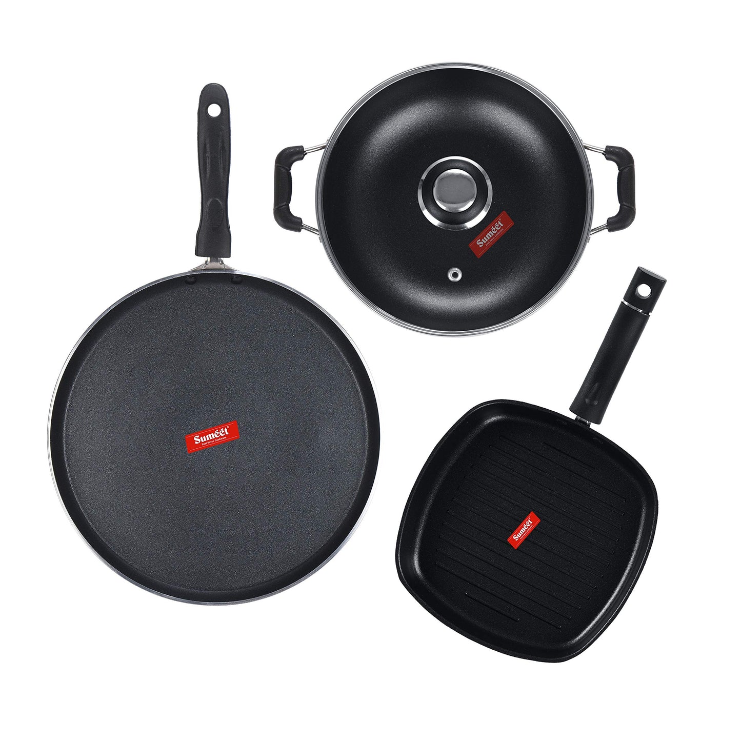 Sumeet NonStick Cawl Cookware Set (Dosa Tawa - 26.5Cm Dia + Kadhai with Glass Lid -2Ltr - 22Cm Dia + Grill Pan-22cm Dia)