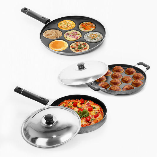 Sumeet Nonstick Three Star Combo Set (Multi Snack Maker - 7 Pcs+ Pizza Pan + Grill Appam Patra 12 Pcs)