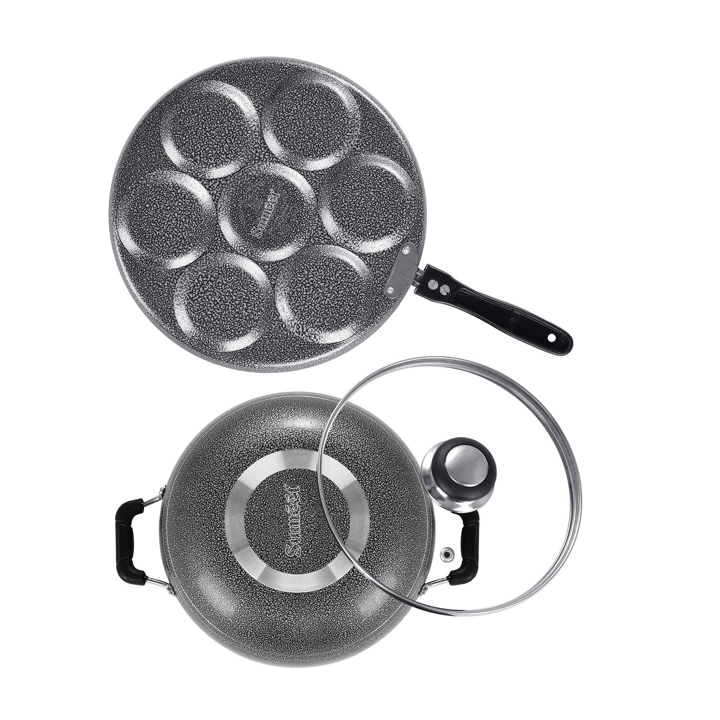 Sumeet NonStick Sudrabs Cookware Set (Kadhai with Glass Lid -2Ltr - 22Cm Dia + Multi Snack Maker - 7 Cavity - 26.5Cm Dia)