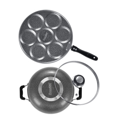 Sumeet NonStick Sudrabs Cookware Set (Kadhai with Glass Lid -2Ltr - 22Cm Dia + Multi Snack Maker - 7 Cavity - 26.5Cm Dia)