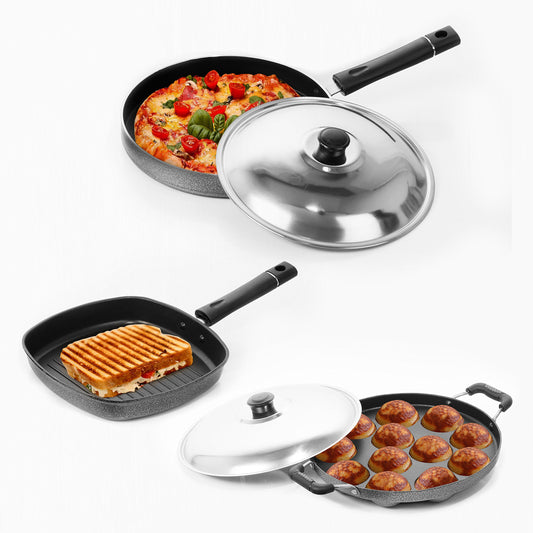 Sumeet Nonstick Joyous Combo Set (Grill Pan - 22 Cm + Grill Appam Patra 12 Pcs + Pizza Pan)