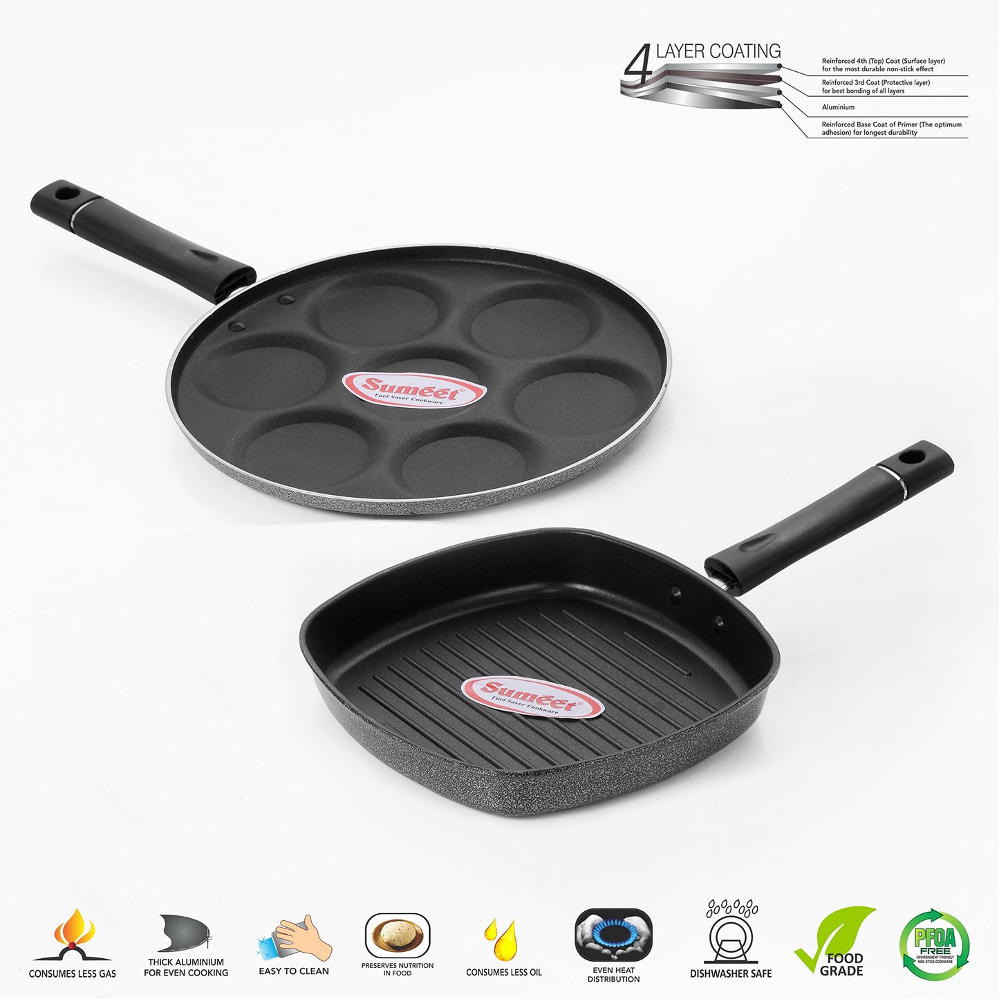 Sumeet Nonstick Two Star Combo Set (Multi Snack Maker - 7 Pcs + Grill Pan - 22cm 22cm)