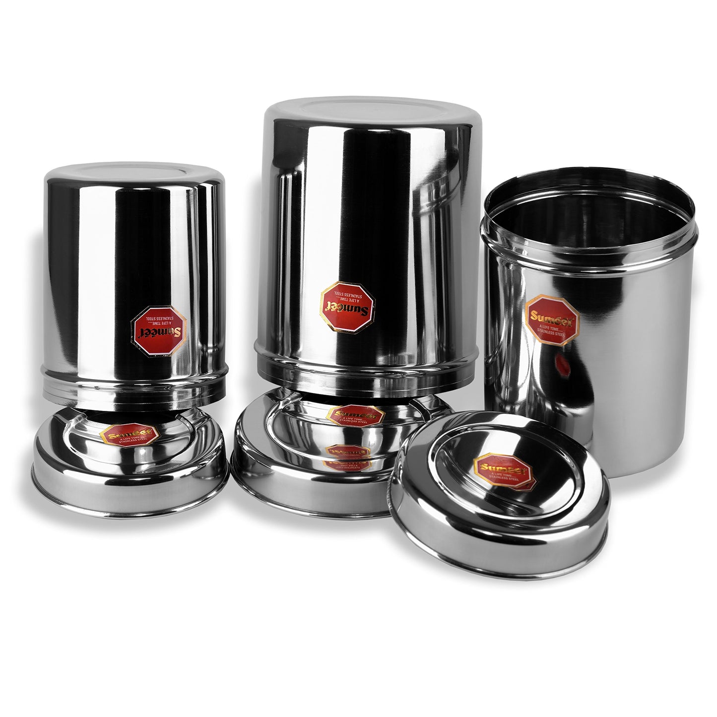 Sumeet Stainless Steel Vertical Canisters/Ubha Dabba/Storage Containers Set of 3Pcs (No. 10 To No. 12) (900ml, 1.250 Ltr, 1.6 Ltr)