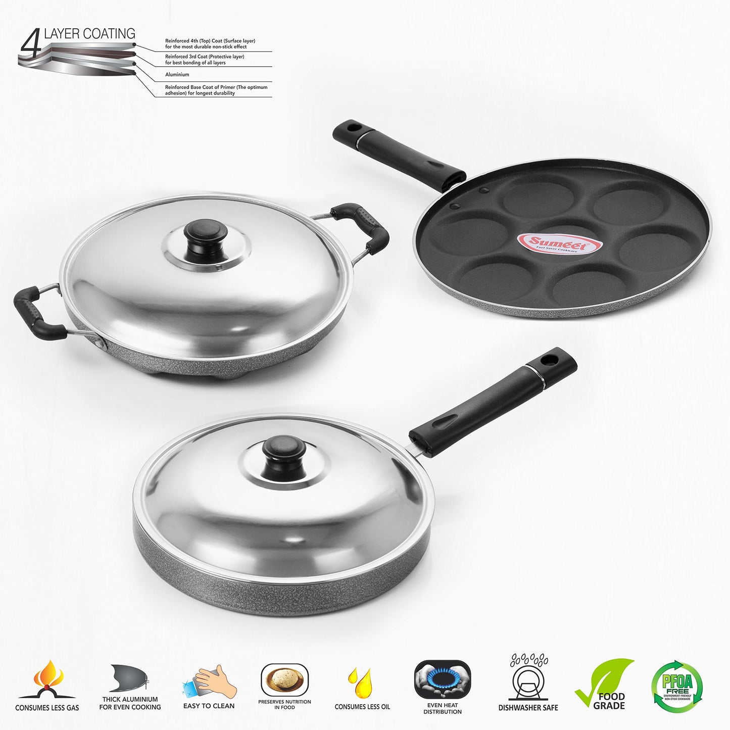 Sumeet Nonstick Three Star Combo Set (Multi Snack Maker - 7 Pcs+ Pizza Pan + Grill Appam Patra 12 Pcs)