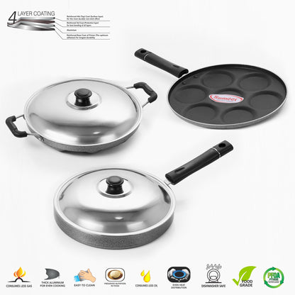 Sumeet Nonstick Three Star Combo Set (Multi Snack Maker - 7 Pcs+ Pizza Pan + Grill Appam Patra 12 Pcs)