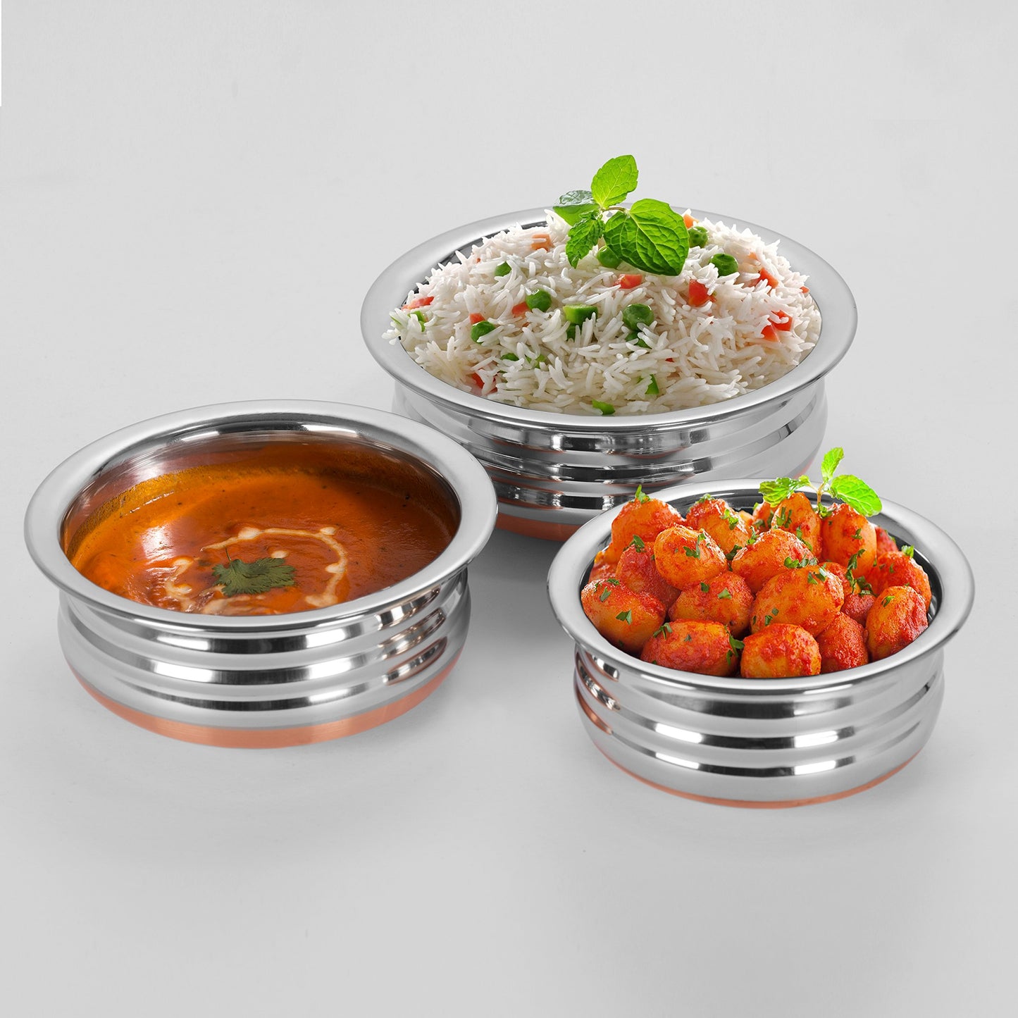 Sumeet Stainless Steel Copper Bottom Urli /Pot For Cookware & Serveware - 3 Pcs Set (1 Nos.: 0.5 L, 1 Nos.: 1 L, 1 Nos.: 1.3 Urli Without Lid.)