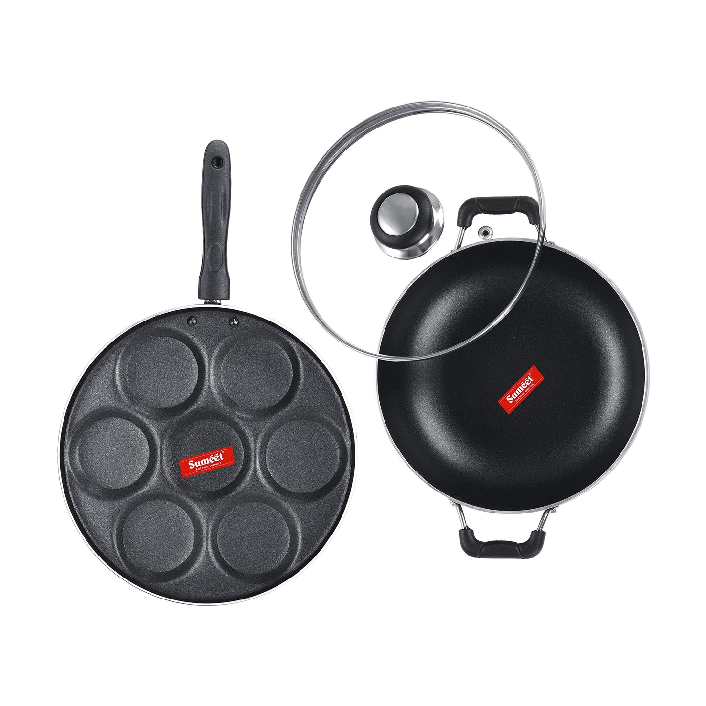 Sumeet NonStick Sudrabs Cookware Set (Kadhai with Glass Lid -2Ltr - 22Cm Dia + Multi Snack Maker - 7 Cavity - 26.5Cm Dia)