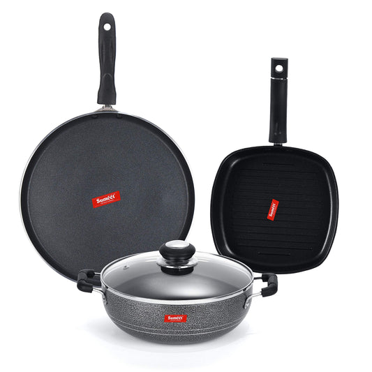 Sumeet NonStick Cawl Cookware Set (Dosa Tawa - 26.5Cm Dia + Kadhai with Glass Lid -2Ltr - 22Cm Dia + Grill Pan-22cm Dia)