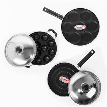 Sumeet Nonstick Three Star Combo Set (Multi Snack Maker - 7 Pcs+ Pizza Pan + Grill Appam Patra 12 Pcs)