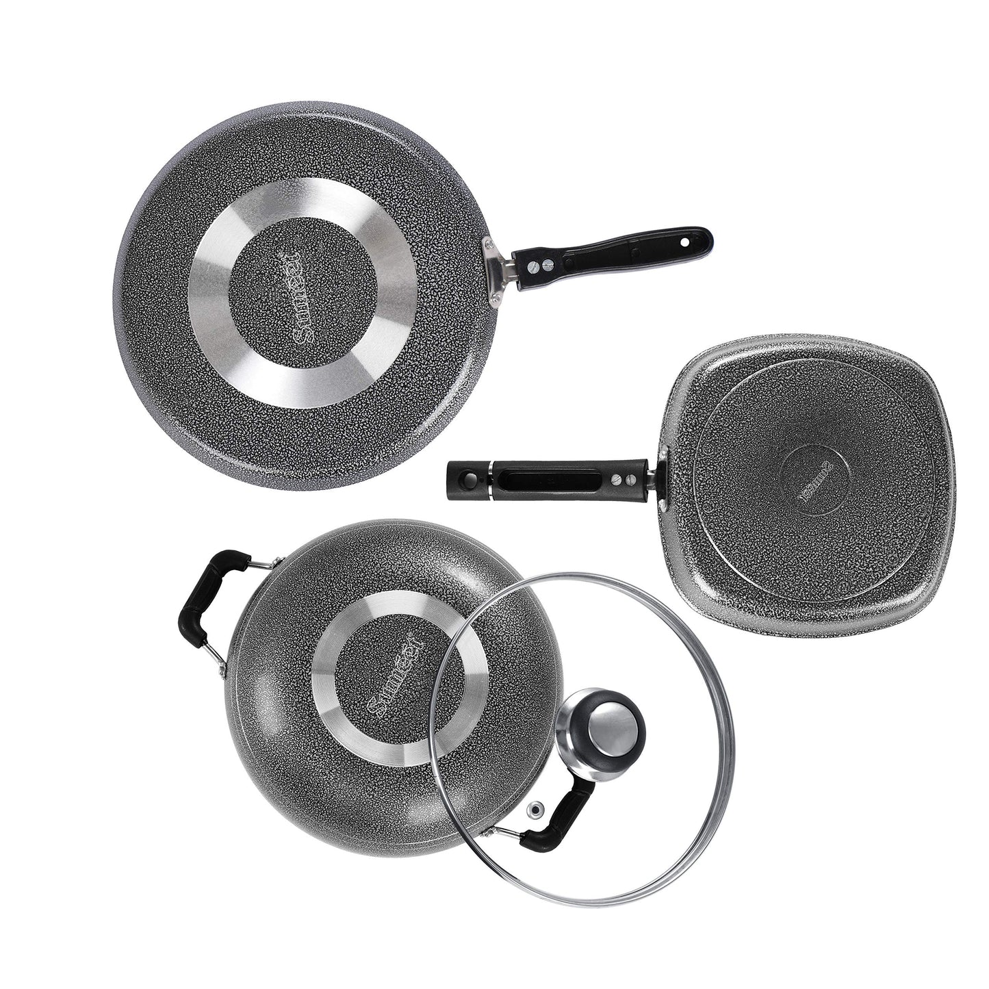 Sumeet NonStick Cawl Cookware Set (Dosa Tawa - 26.5Cm Dia + Kadhai with Glass Lid -2Ltr - 22Cm Dia + Grill Pan-22cm Dia)